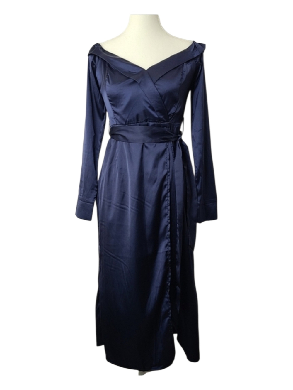 Pretty Little Thing Dark Blue Satin Bardot Wrap Dress NWT Size 4 Party Midi